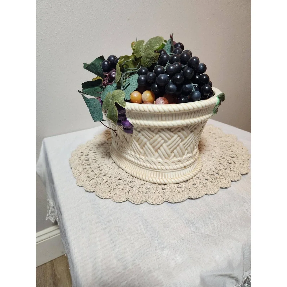 Noble Excellence Vintage Wicker Ceramic Grape Centerpiece Bowl Oval Plantr Cream